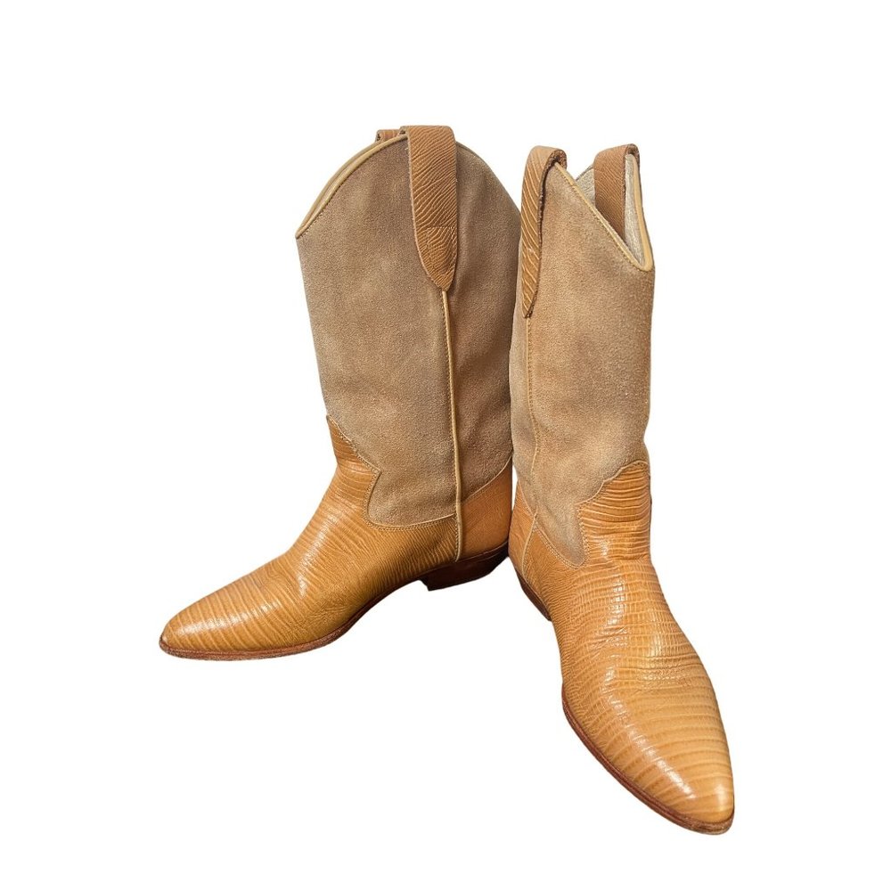 Vintage Western Mid Calf Suede & Leather Lizard Embossed Boots Light Tan Size 6 - Picture 2 of 10
